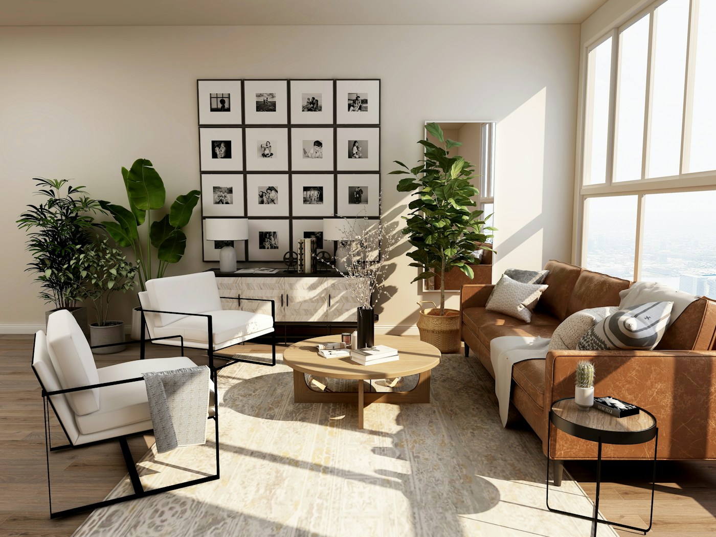 Open living space with warm lighting